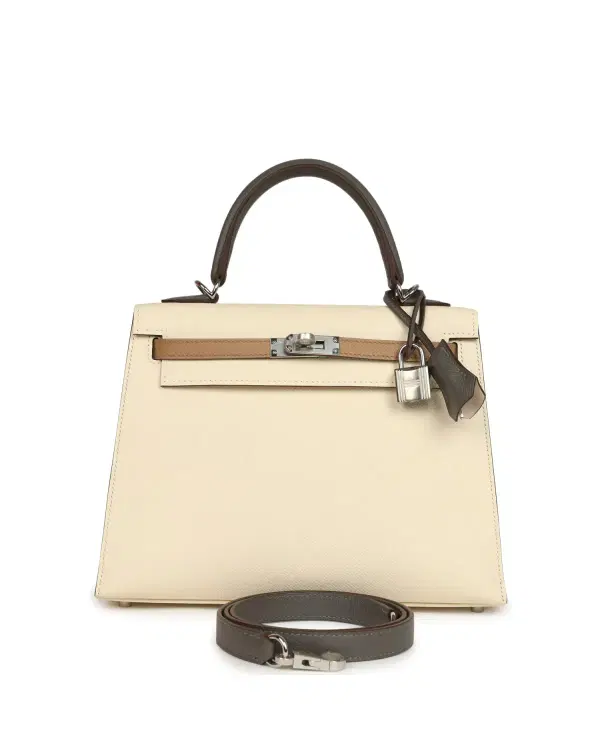 Hermès Kelly Sellier 25, Nata / Chai / Gris Meyer