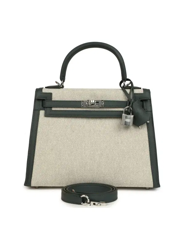Hermès Kelly Sellier 25, Vert Mangrove / Écru / Vert Amande