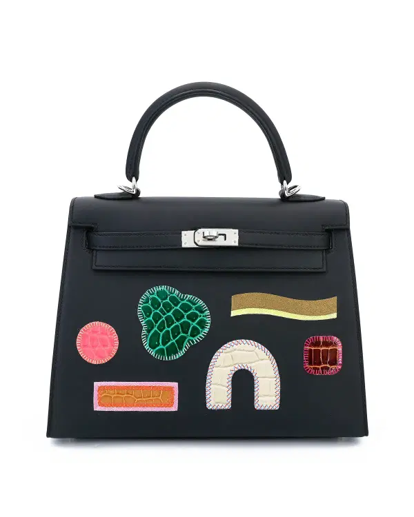 Hermès Kelly Sellier Broderie Colla 25, Noir / Bougainvillea / Vert Émeraude / Tabac Camel / Béton / Terre
