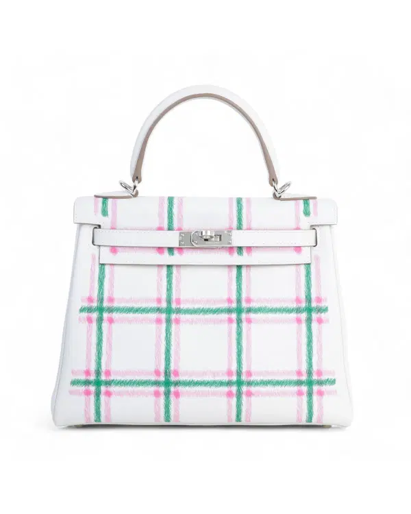 Hermès Kelly Tartan 25, Gris Pâle / Rose Bubblegum / Vert Moyen