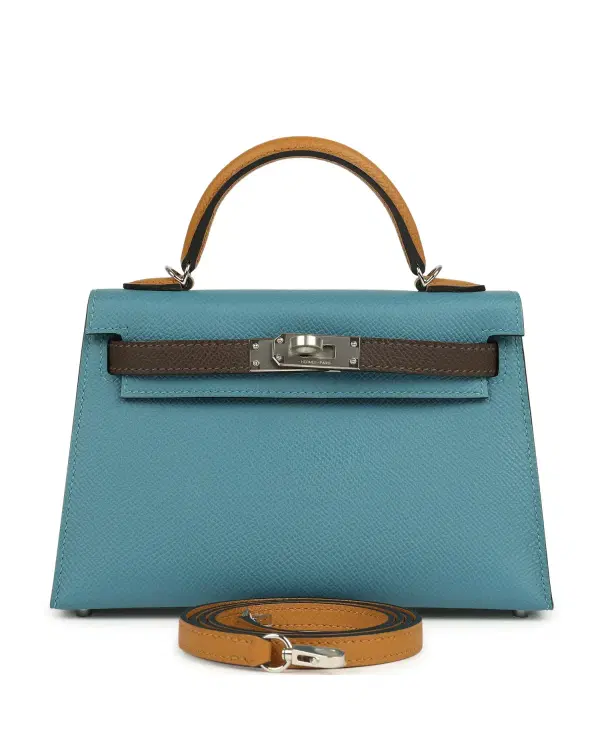 Hermès Mini Kelly Sellier 20, Bleu Jean / Sésame / Écorce